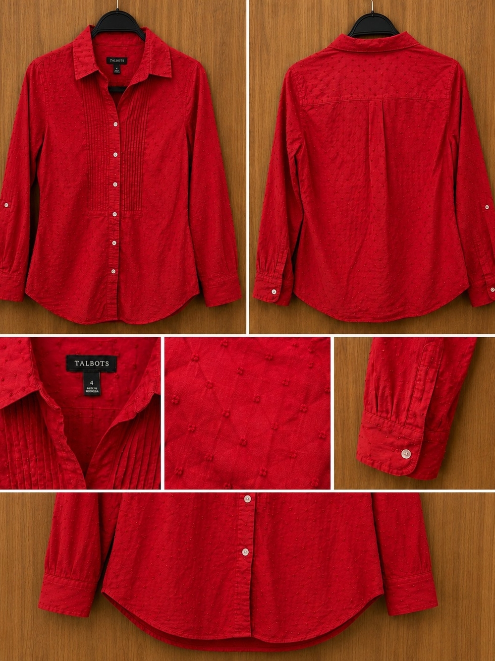 Talbots Red Textured Button-Front Long Sleeve Shirt